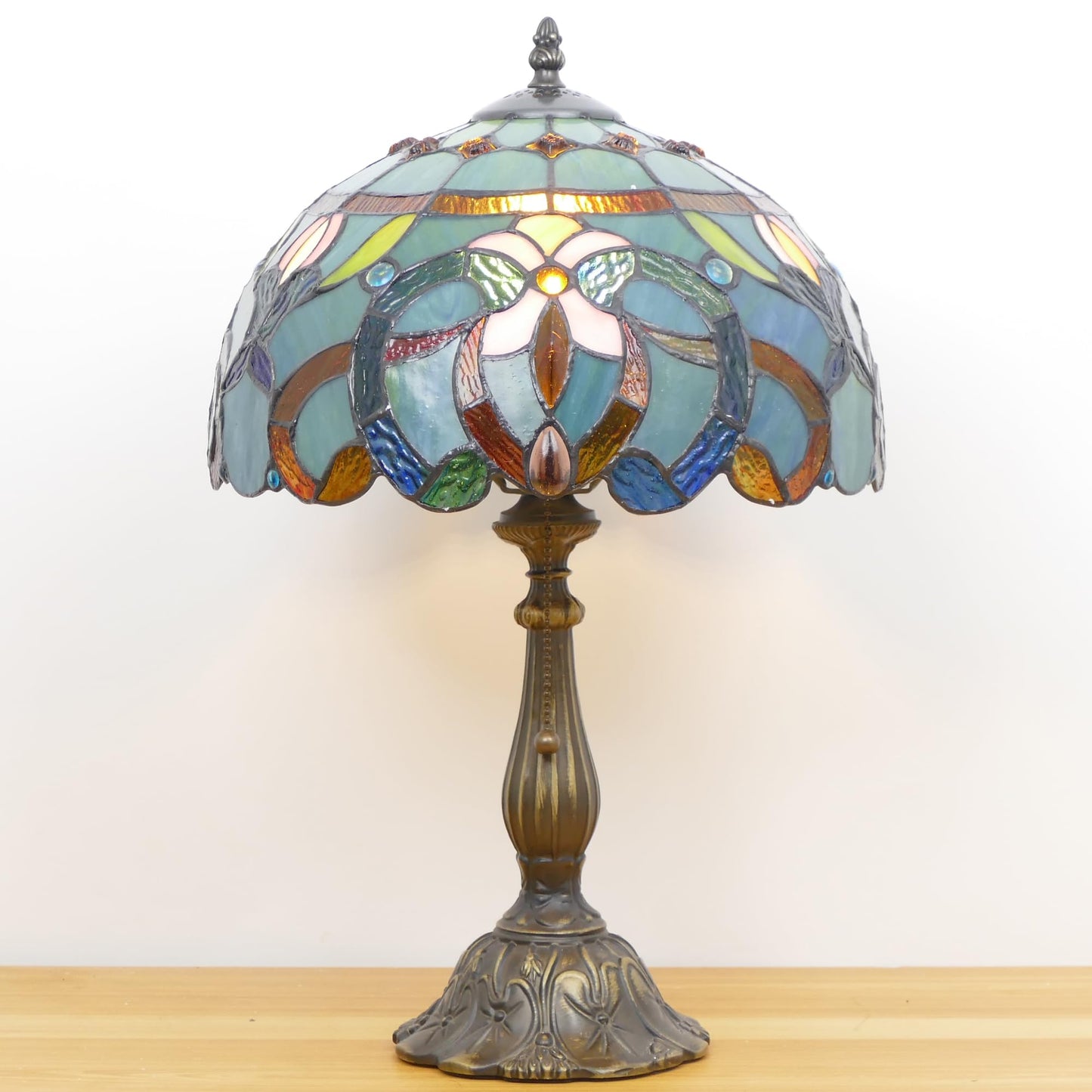 WFAYNTIFL Tiffany Lamp Stained Glass Table Lamp Antique Bedside Reading Light W12H19 Inches (Sea Blue Baroque)