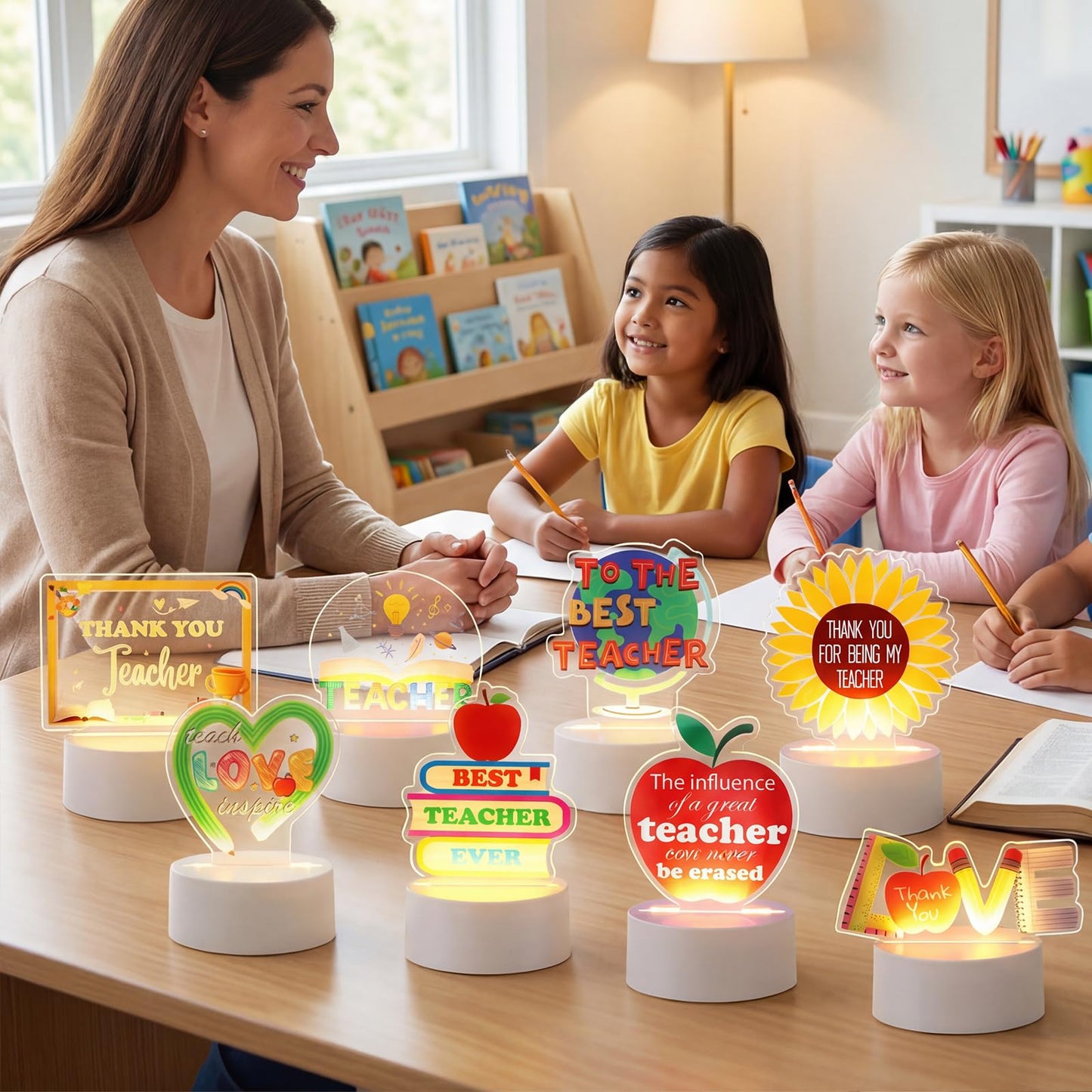 8 Set/24 Pcs Teacher Appreciation Gifts Bulk, Acrylic Night Light Light up Engraved Table Sign Graduation Farewell Thank You Teacher Gifts for Desk Decor Night Lamp with Thank You Cards Bags