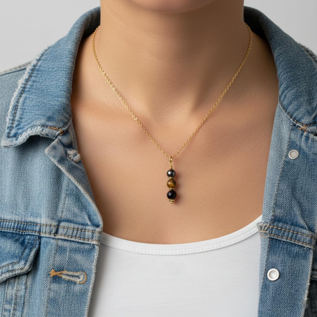 EnCharmed Antique Gold Triple Protection Necklace, Handmade Healing Jewelry for Luck Prosperity Happiness, Natural Hematite Tiger Eye and Black Obsidian Pendant, Spiritual Gift for Men or Women