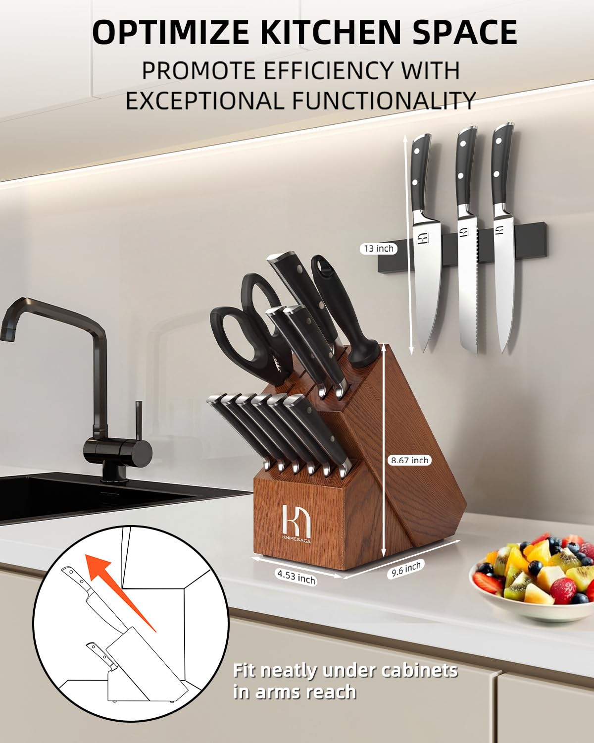 KnifeSaga Knife Set, 15 Pcs Kitchen Knife Block Set, Enduring Razor-Sharp High Carbon Stainless Steel Chef Knife Set with Block and Sharpener, Premium Knives Set for Kitchen, Ash Wood Valentine's Gift
