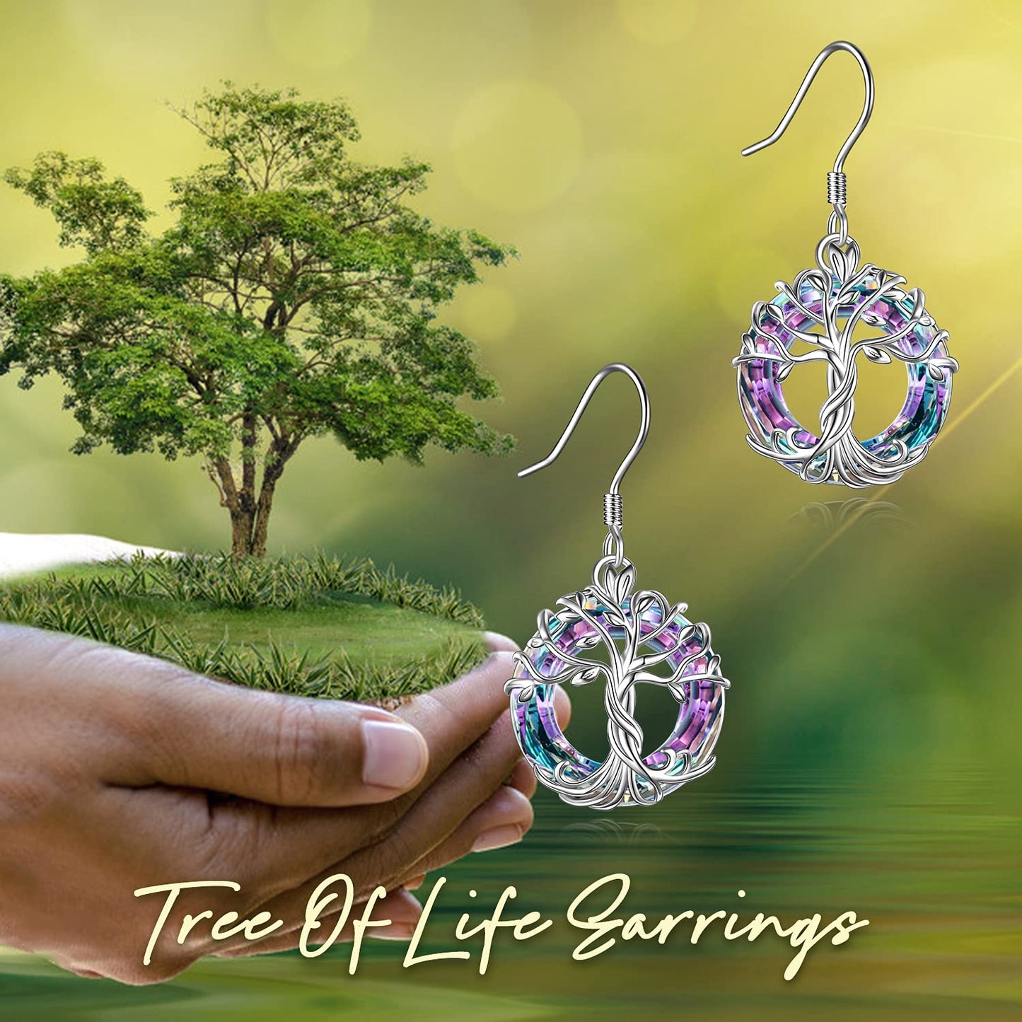 TOUPOP Tree of Life Earrings for Women Sterling Silver Family Tree Drop Dangle Earrings Purple Circle Crystal Jewelry Birthday Mothers Day Gifts for Women Mom Her