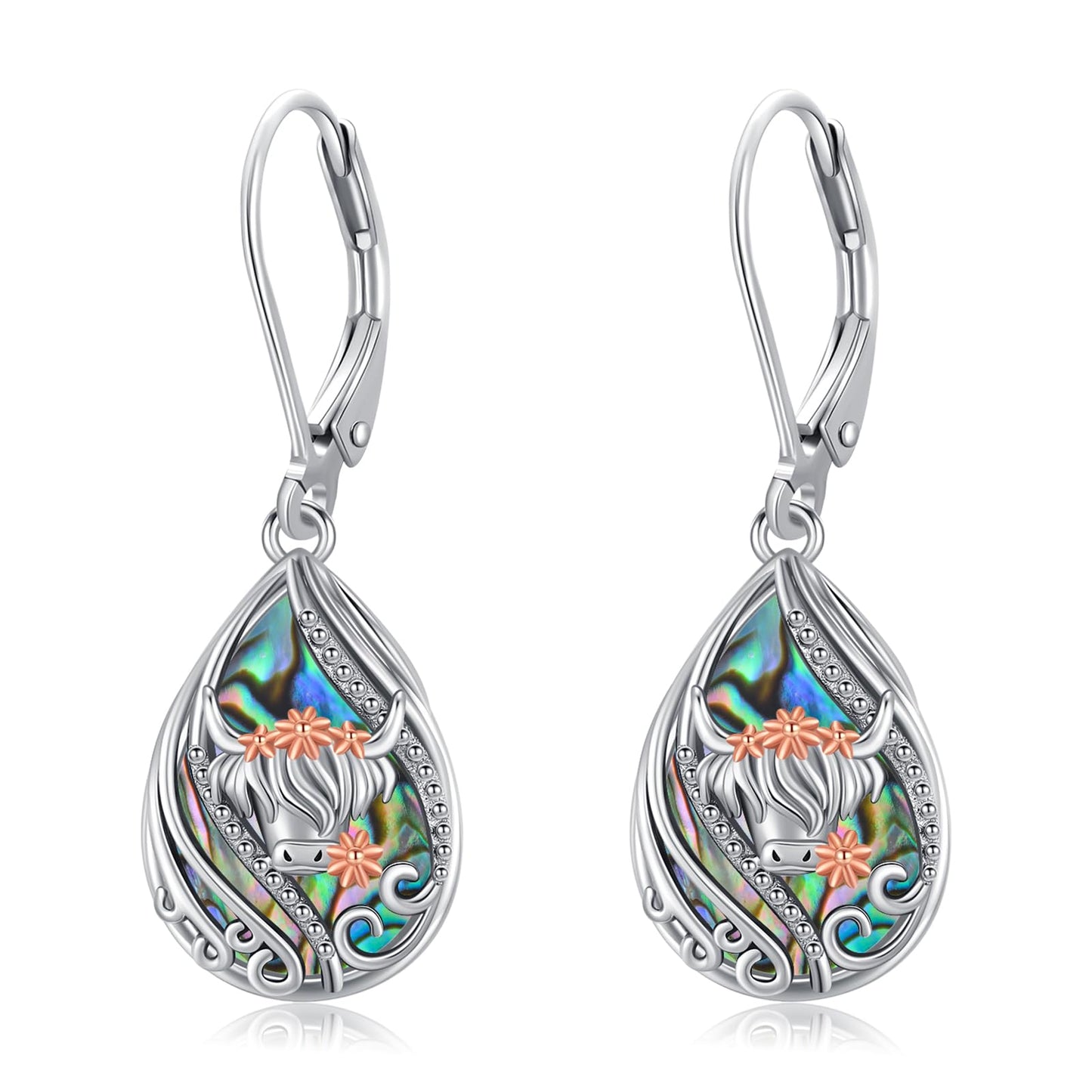 YYmqmq Highland Cow Earrings 925 Sterling Silver Abalone Cow Dangle Earrings Leverback Highland Cow Jewelry Scotland Gifts for Women Girlfriend