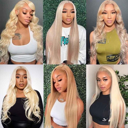 BINF 613 Blonde Lace Front Wig - Human Hair, 13x4 Straight, Pre-Plucked, 28 Inch, 180% Density, Glueless Bleached Knots