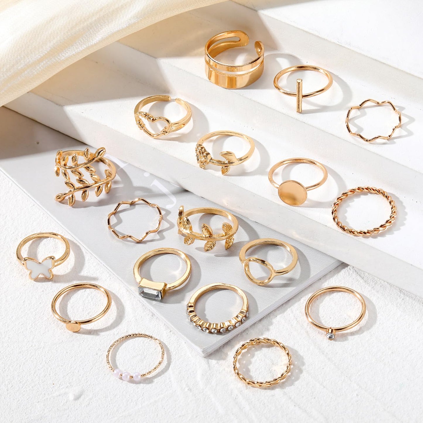 IFKM 24 Pcs Gold Knuckle Rings Set For Women Vintage Stackable Joint Finger Midi Rings Dainty Cubic Zirconia Crystal Simple Twist Hollow Cute Rings Pack Jewelry Gift (Love of Leaves, Gold)