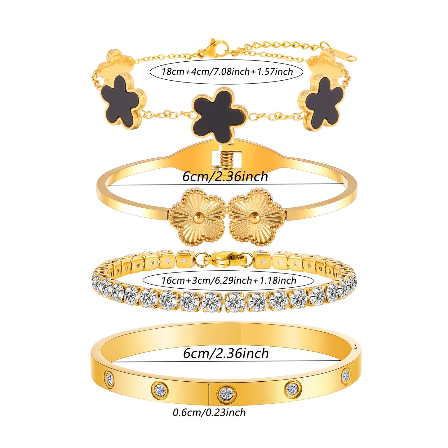 ISELBDR 18K Gold Bracelets for Women - Clover Cuff & Cubic Zirconia Tennis Bangle Set - Non-Tarnish Stainless Steel Trendy Jewelry Gift for Valentine‘s, Christmas & Mother’s Day (Black)