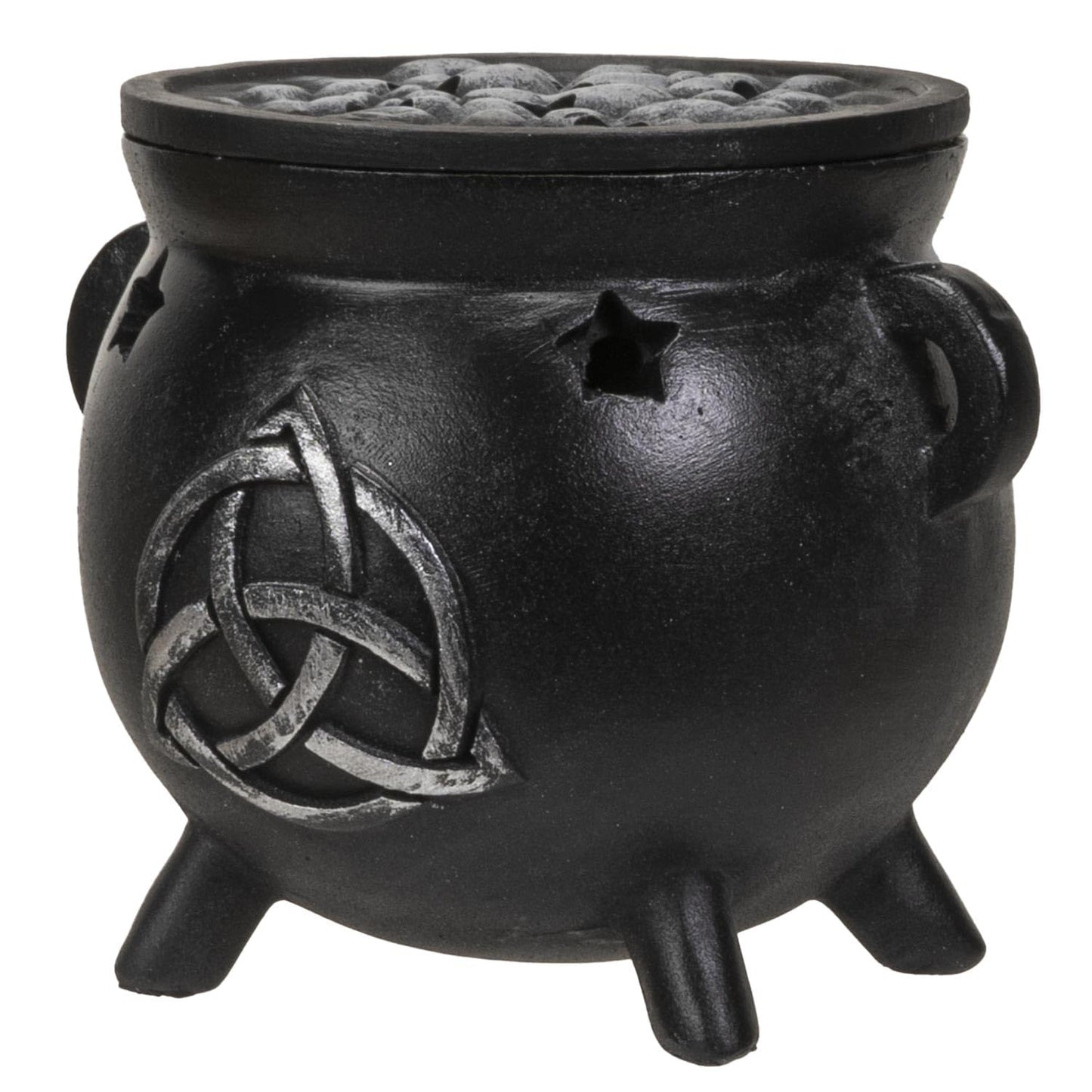 Pacific Giftware Black Celtic Triquetra Symbol Cast Iron Cauldron Incense Cone Burner Decorative Wiccan Pot with Lid Polyresin Home Decor 3.14" H