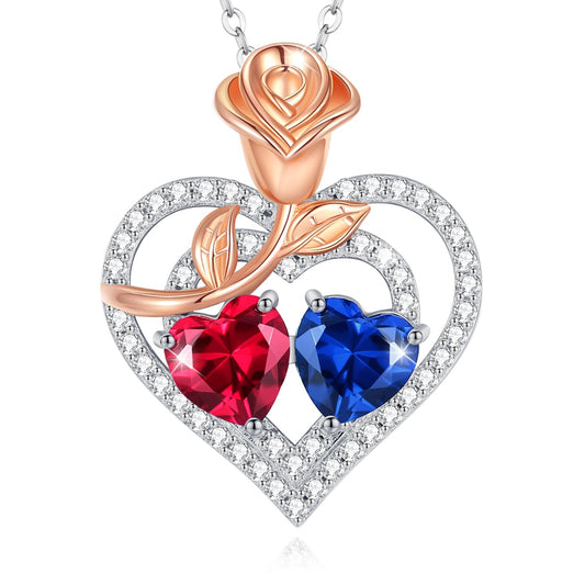AGVANA July September Birthstone Jewelry Ruby Sapphire Necklace Sterling Silver Rose Flower Heart Double Birthstone Pendant Necklace Anniversary Birthday Gifts for Women Mom Wife Lady Her