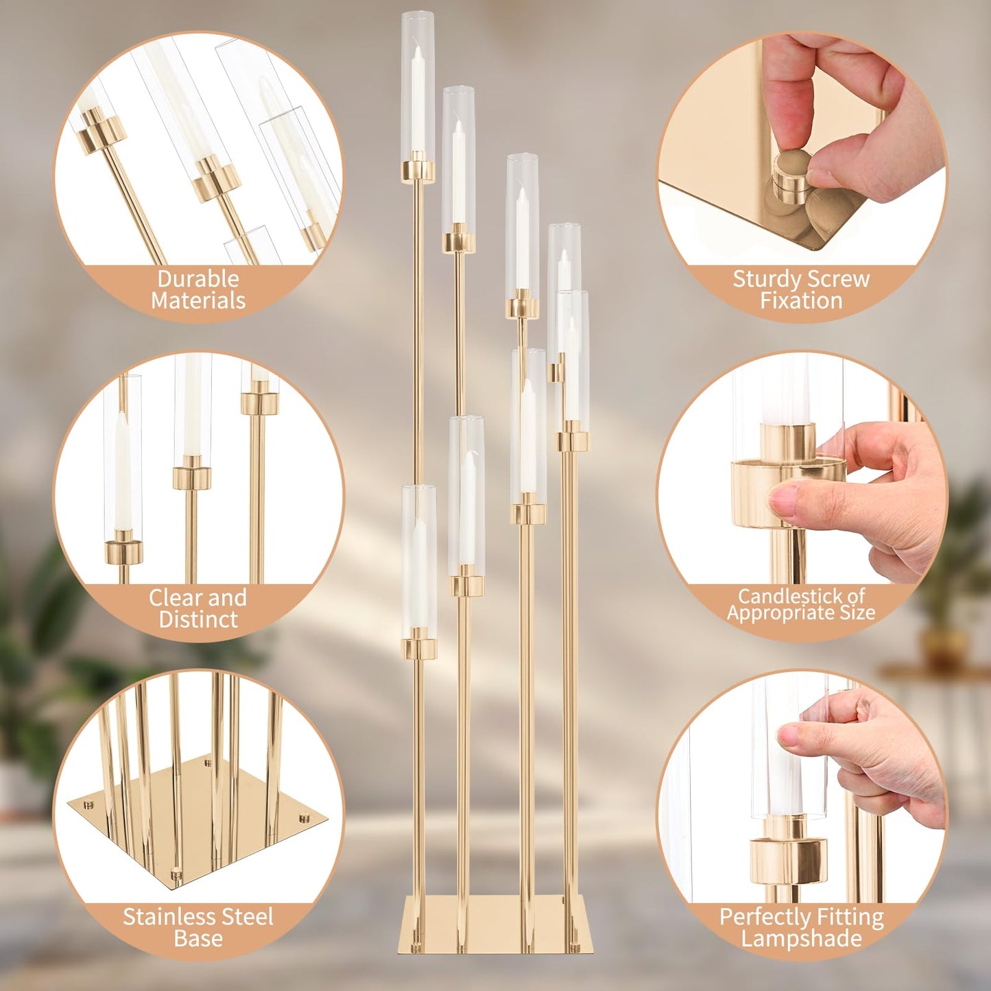 2 Sets Gold Candelabra,8 Arm Candlestick Holders with Acrylic Shades, 44'' High Large Floor Candle Holders for Wedding Centerpieces Table Decorations Fit 0.9" Candles and LED Taper Candles"
