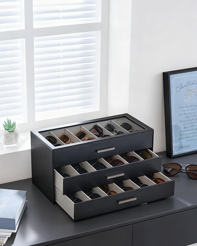 Lolalet Beige Sunglasses Storage Box for Women, Eyewear Eye Glass Organizer with Clear Top Lid Display Holder Case