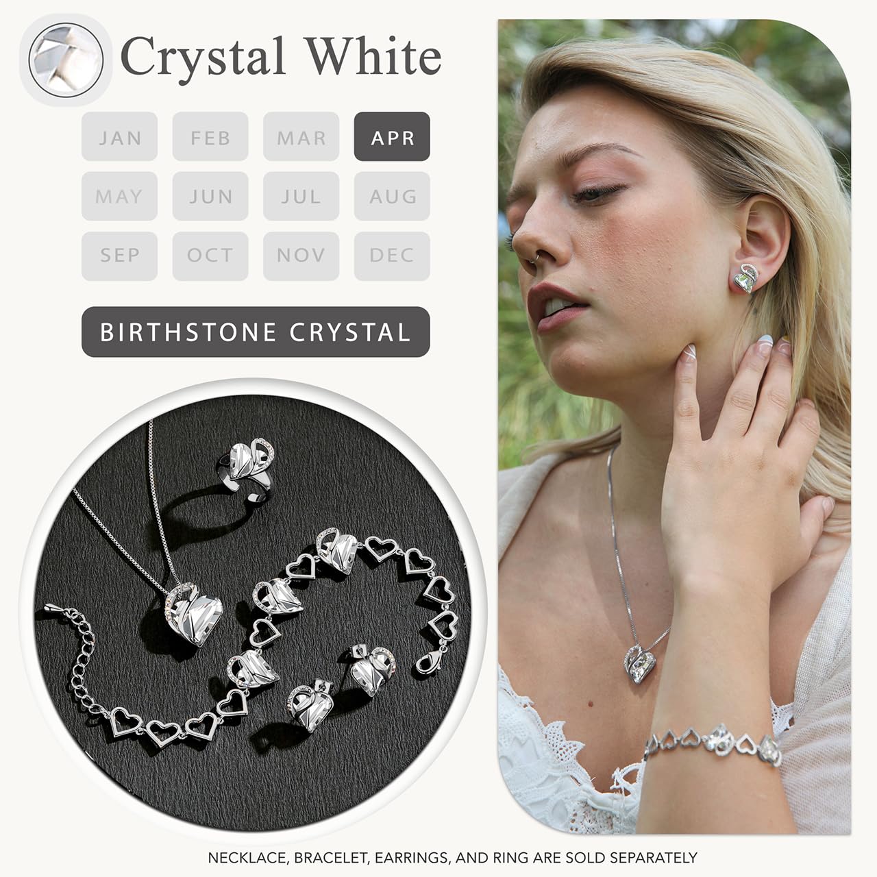 Leafael Gift Necklaces for Women, Infinity Love Bithstone Heart Pendant with White Clear Crystal for April, Birthday Jewelry for Her, Mom, and Wife, Silver Plated, 18" + 2" Chain