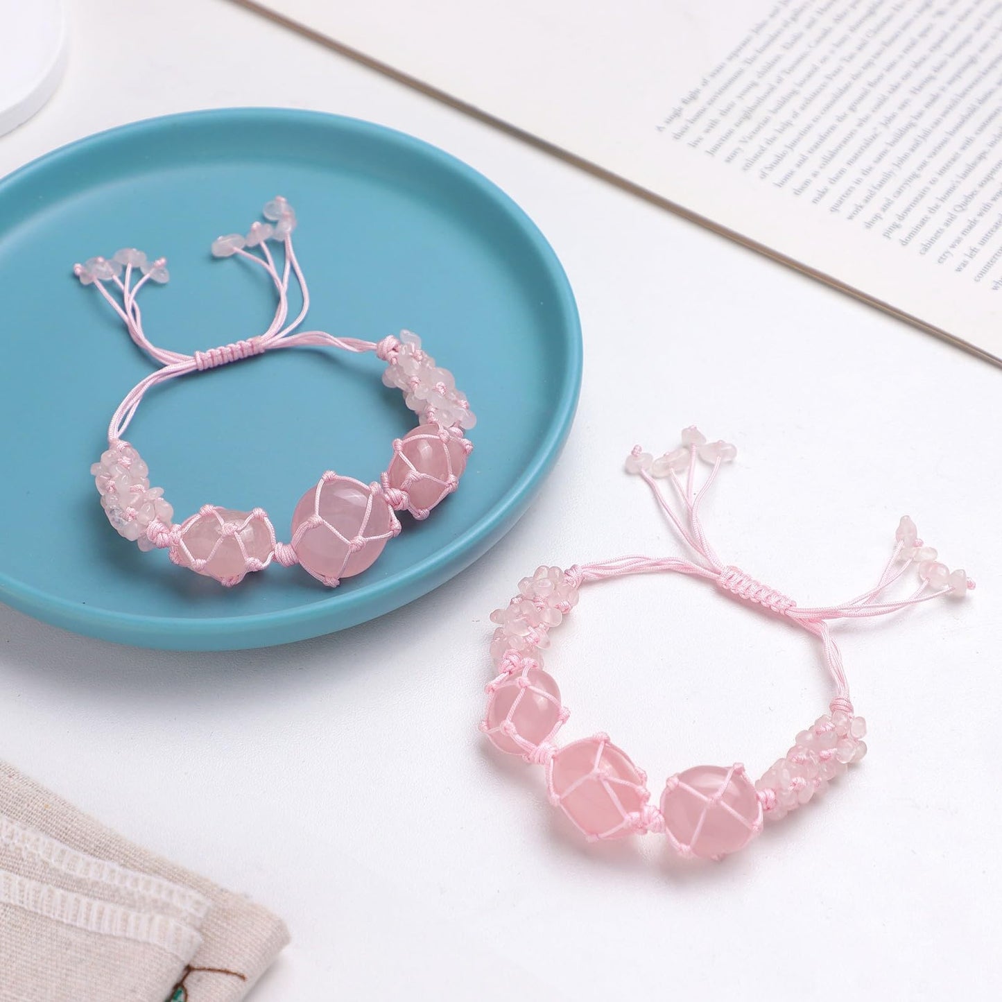 TUMBEELLUWA Boho Handmade Braided Crystal Holder Bracelet Chakra Healing Crystal Chips Bracelet Adjustable Trendy Jewelry Gifts for Women Men, Rose Quartz