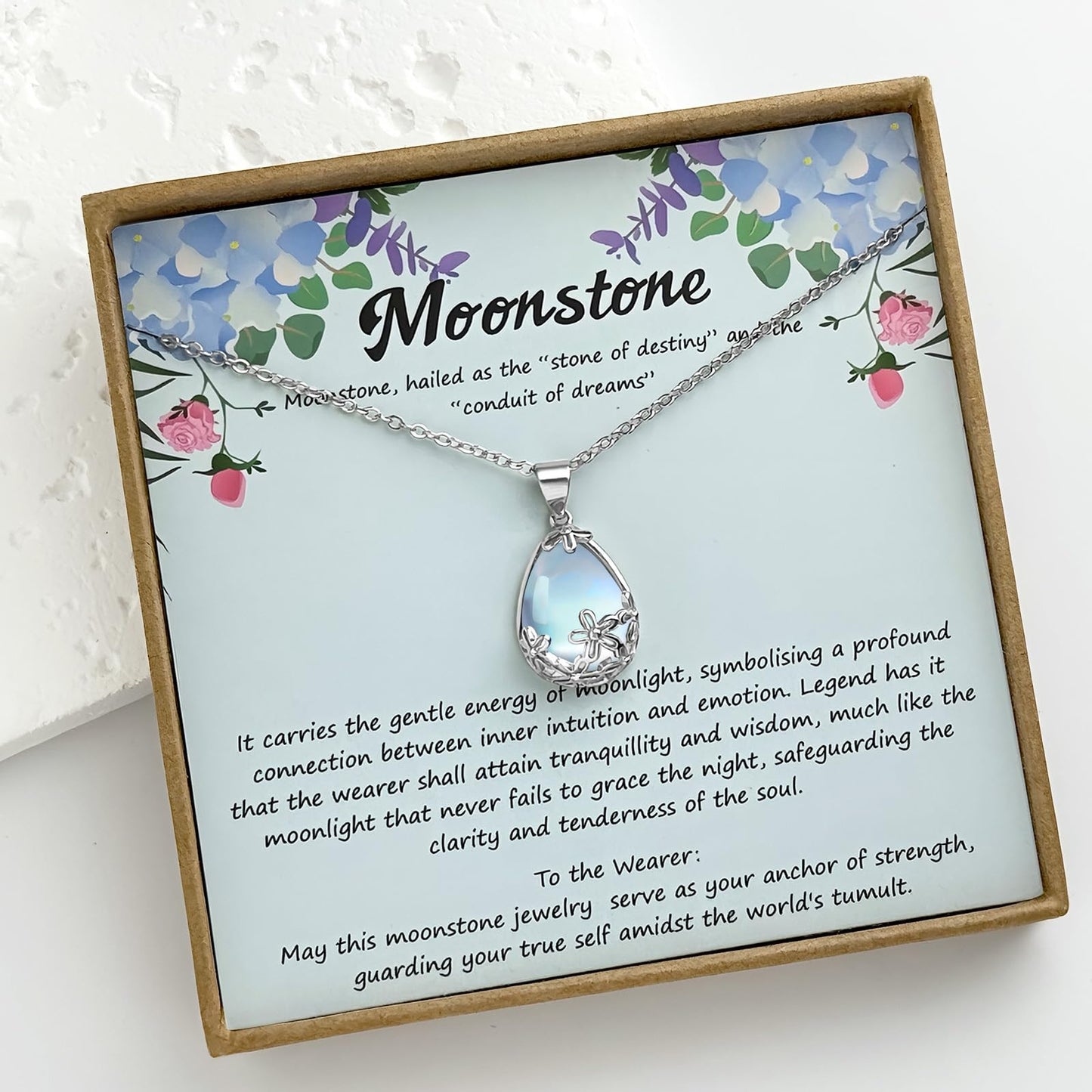PUPILLEMON 925 Sterling Silver Moonstone Necklace for women, Moon Stone Daisy Filigree Pendant Necklaces With an Elegant Card,Moonstone Jewelry Gift for Women