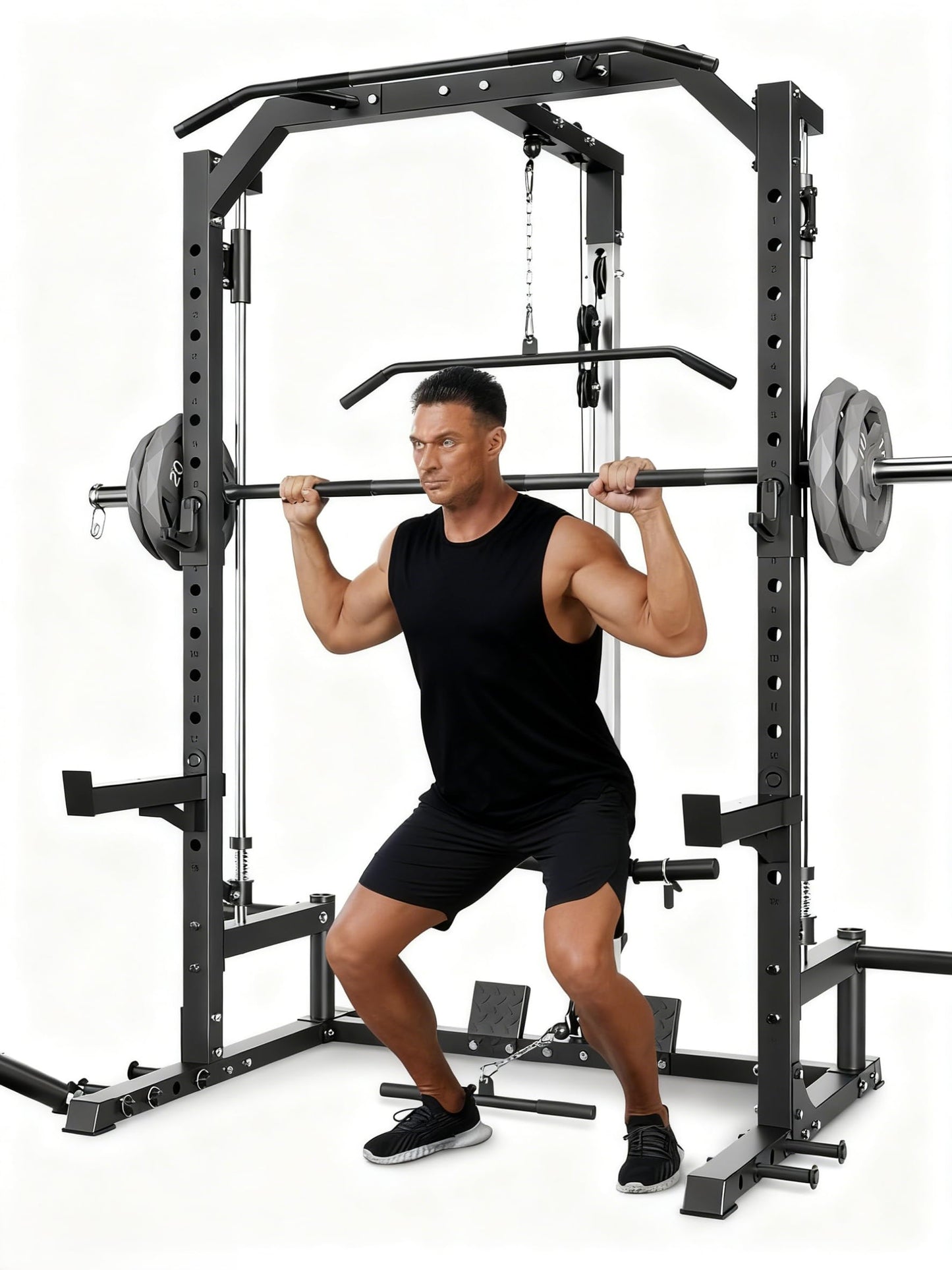 Smith Machine, Home Gym Multi-Functional Smith Machines, with Barbell Bar, Cable Crossover, LAT Pulldown, Spotter Arms, j Hooks and Landmine, Carbon Steel Half Rack for Full Body Strength Training