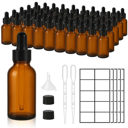 UPBUD 50 Pack 1oz Amber Glass Dropper Bottles Leakproof with Funnels, Eye Droppers, Extra Caps, Labels - Refillable UV 30ml Empty Bottles for Tinctures, Essential Oils, Perfume, Beard, Hair Oil