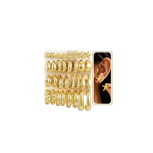 16 Pairs Starfish Chunky Gold Hoop Earrings Set for Women, Beach Shell Style Stack Statement Earrings, Hypoallergenic Lightweight Gold Plated Trendy Summer Jewelry Gift