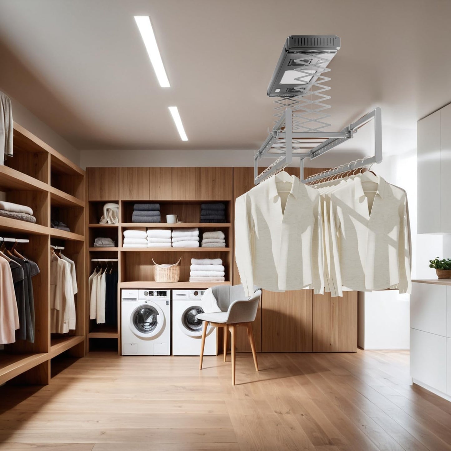 Ouayrhea Ceiling Mounted Clothes Electric Ceiling Drying Rack 110V-120V, Ceiling Clothesline with Built-in Timer Heater,withDrying/Remote and Light 24W for Laundry/Indoors/Garage
