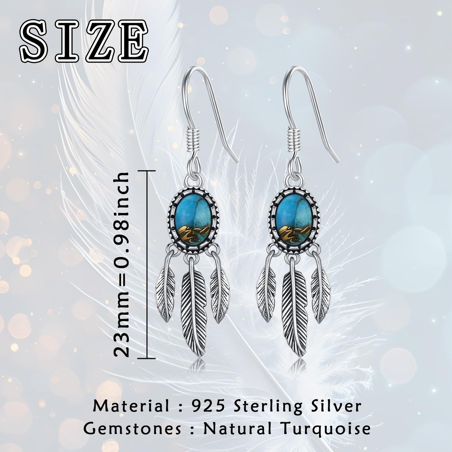 Eetaitai Dream Catcher Dangle Earrings for Women 925 Sterling Silver Natural Turquoise Feather Drop Earrings Native American Jewelry Western Jewelry Gifts for Mom Wife Sister