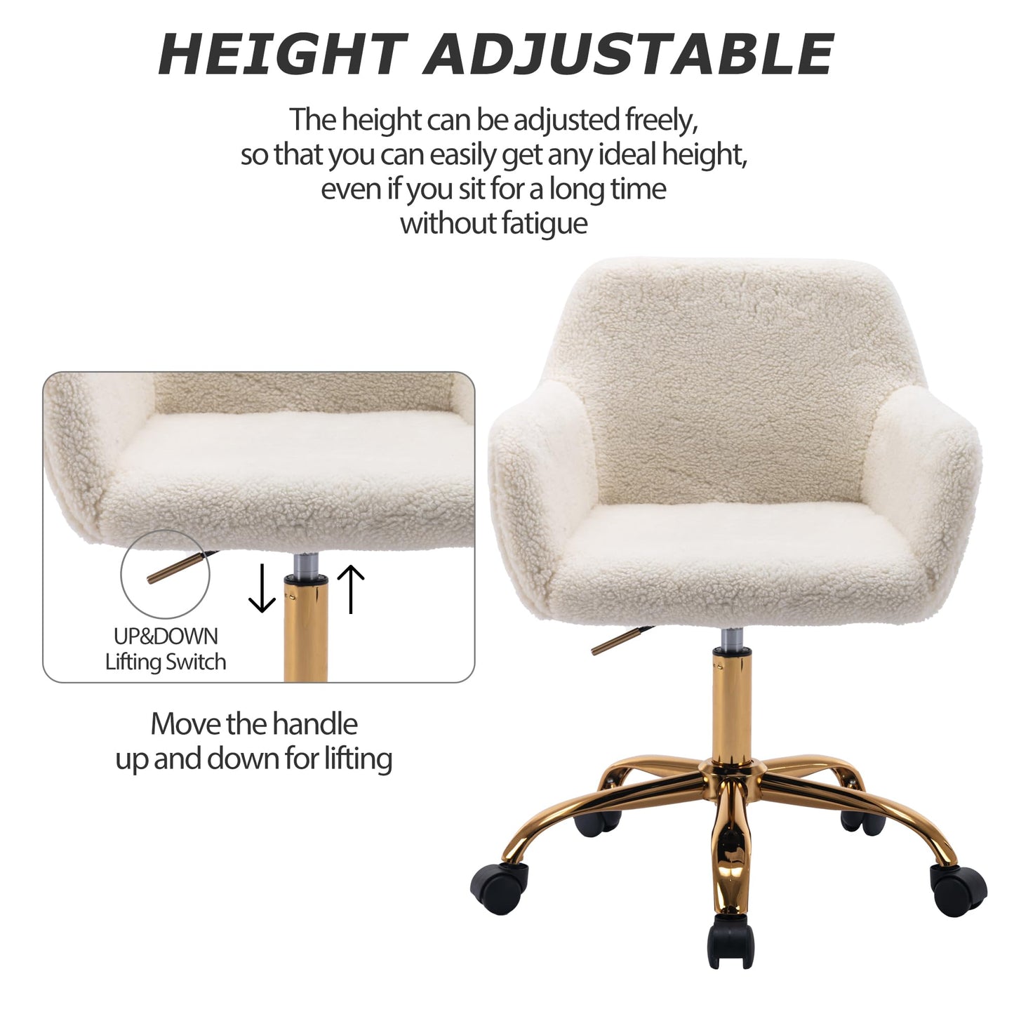 KCC Faux Fur Office Desk Chair, Comfy Swivel Armchair with Wheels, Upholstered Fuzzy Vanity Chair, Adjustable Height, White