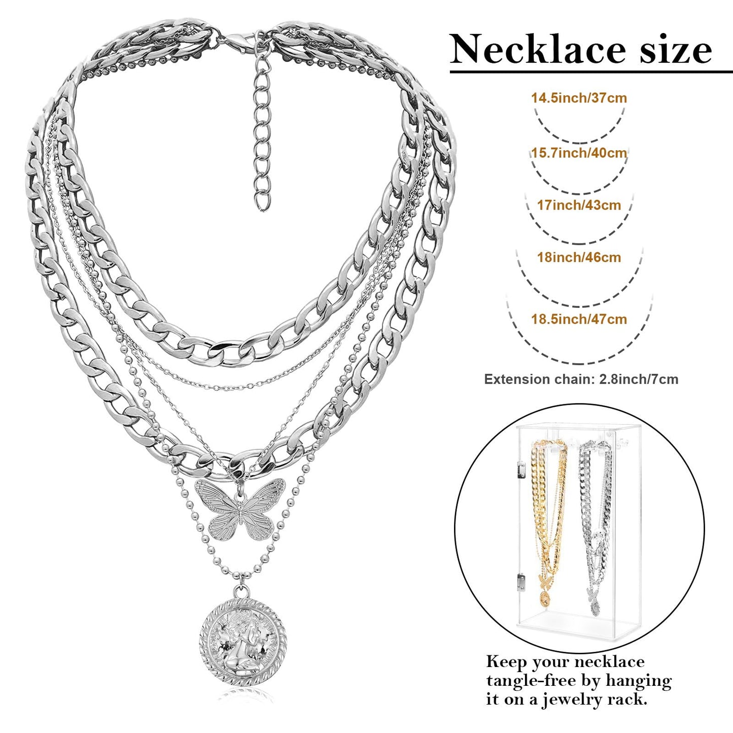 MJartoria Gold Layered Necklaces for Women Trendy Retro Coin Pendant Necklace Dainty Chunky Chain Choker Necklaces for Jewelry Birthday Gifts (Silver, A-X-Butterfly-5 in 1 Layered)