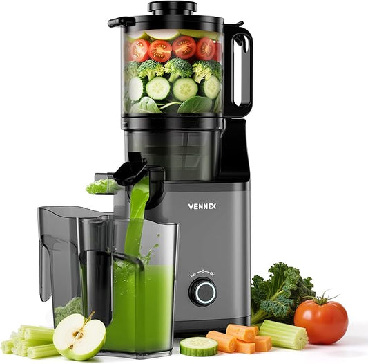 VENNXE Masticating Juicer Machines, 5.7" Extra Large Feed Chute Cold Pressed Juicer, Easy to Clean Slow Juicers, High Yield Electric Juice Extractor for Vegetable and Fruits, 50oz Capacity Juice Maker