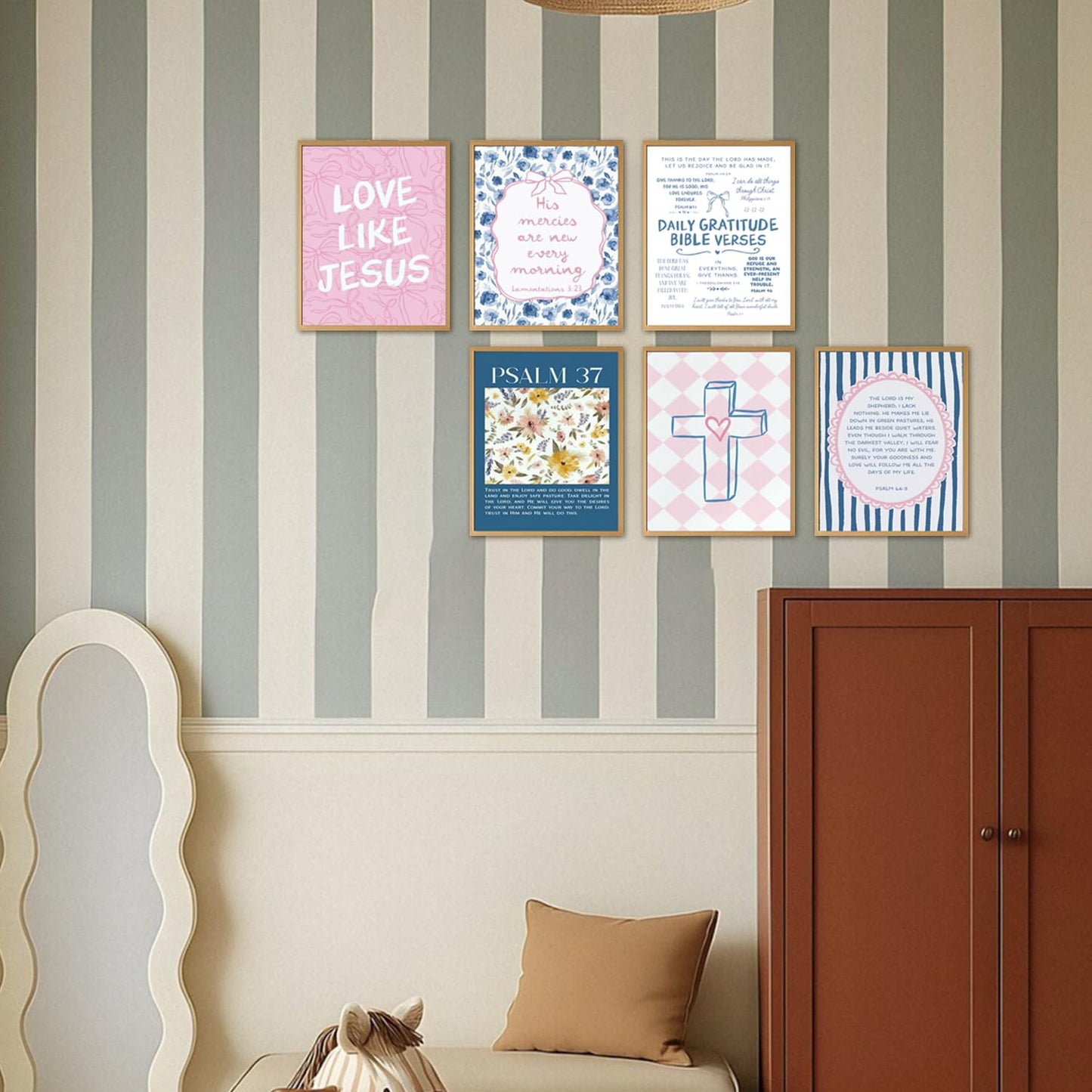 Pink Blue Christian Wall Art Set of 6, Preppy Bow Bible Verse Canvas Posters, Floral Scripture Wall Decor Pictures Jesus Religious Painting Trendy Prints for Girls Bedroom Dorm 8x10in Unframed