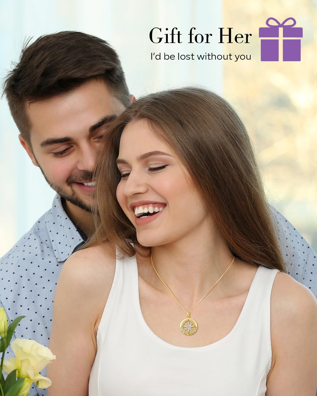 S925 Necklace Gift for Wife |Compass Jewelry |Women Anniversary |Sterling Silver |Girlfriend Birthday Necklaces for Her Valentines |I'd be Lost without You |Jewel 18K Gold Feb 02