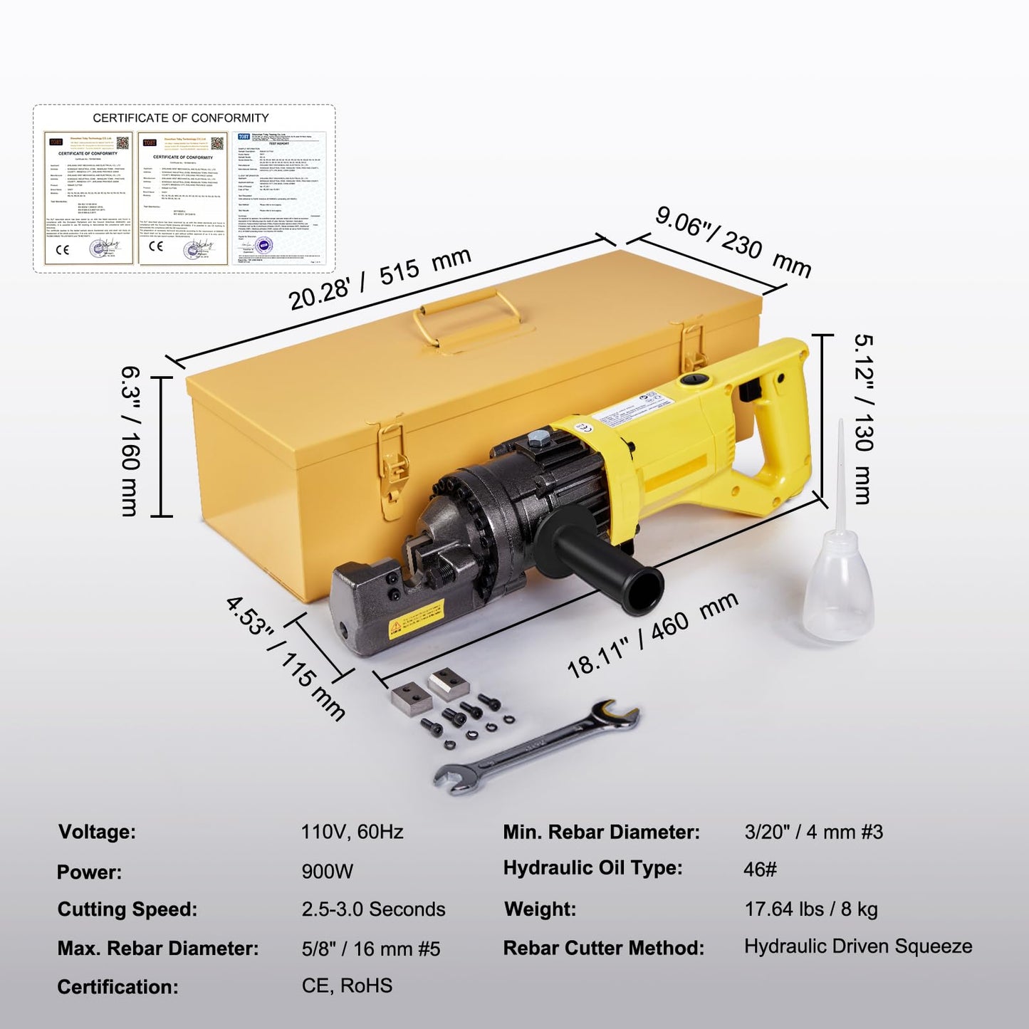 Happybuy Electric Hydraulic Rebar Cutter,900W Portable Electric Rebar Cutter,Cutting up to 5/8 Inch #5 4-16mm Rebar within 3 Seconds,110V,with Easy to Carry Stainless Box(900W RC-16)