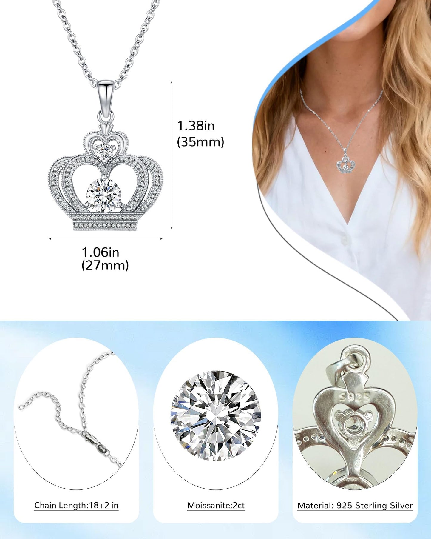 2 Carat Moissanite Necklace 925 Sterling Silver Jewelry AAAAA Cubic Zirconia Crown Pendant Necklace Best Gifts for Mom Women Girlfriend Grandma Friend Lover Her Wedding Birthday Anniversary Daily