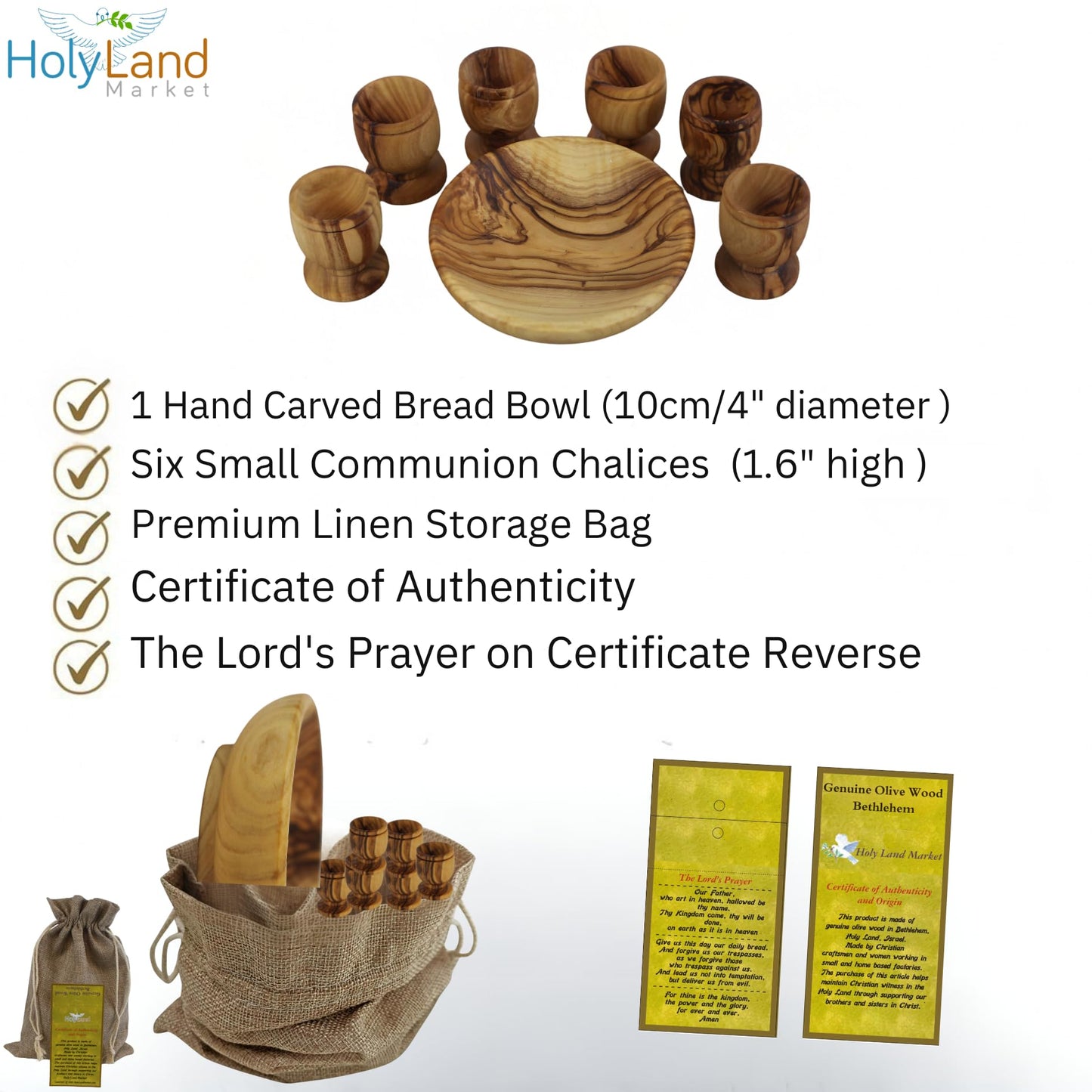 Holy Land Market Olive Wood Communion Cups & Plate Set KIddush - Communion Set Hand-Carved in Bethlehem – for Church Worship, Pastors & Ministries (Round Bowl + 6 Small Goblets)