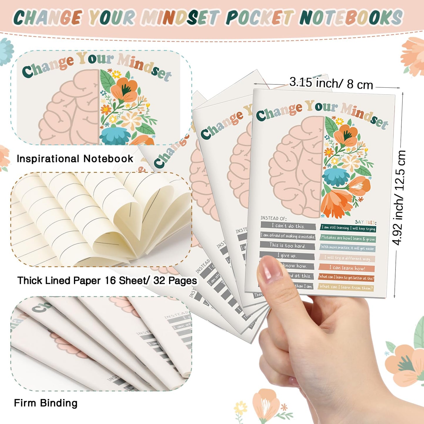 Janlaugh 60 Pcs Mental Health Awareness Gifts Bulk Motivational Notebook Journals and Positive Affirmation Pen Mental Health Items for Coworker Nurse Week Teacher Student End of Year Gifts (Mindset)