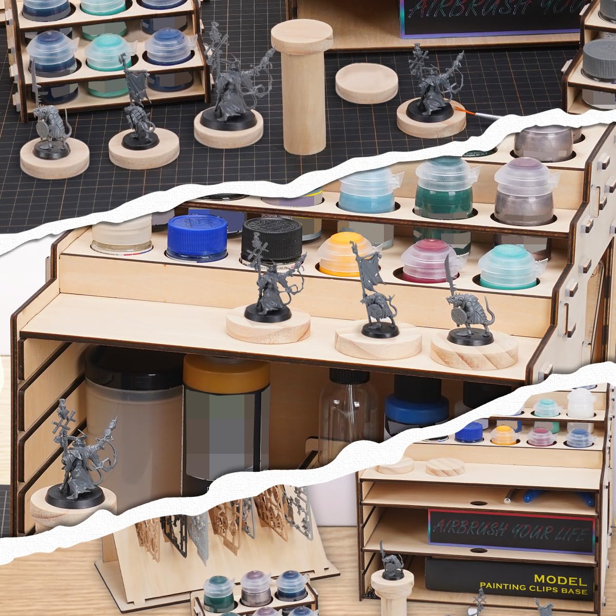 T TOGUSH Model Paint Holder with Adjustable Storage, Wooden Miniature Model Paints Organizer for 36 Paint Holes and 36 Holes of Painting Brushes wtih Model Pieces Shelf