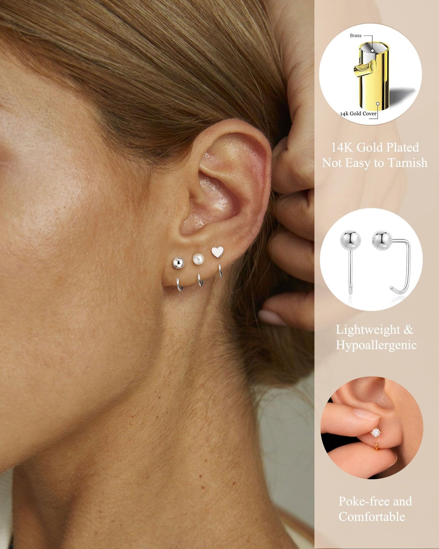 RLMOON Backless Earrings Silver Huggie Half Hoop Earrings for Women 14K Gold Plated Stay Close Hoop Earrings No Back Comfort Fit Hypoallergenic Stackable Earrings to Sleep in