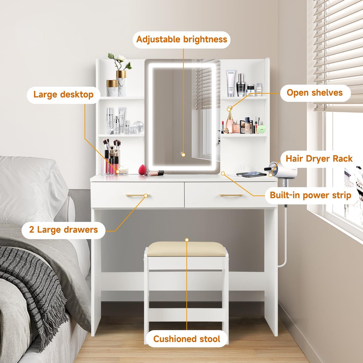 QUALIKRAFT White Vanity Set with LED Mirror & Stool, Makeup Desk with Built-in Power Outlet (2 AC & 2 USB), 2 Large Drawers & 6 Shelves, Lighted Dressing Table for Bedroom Organization