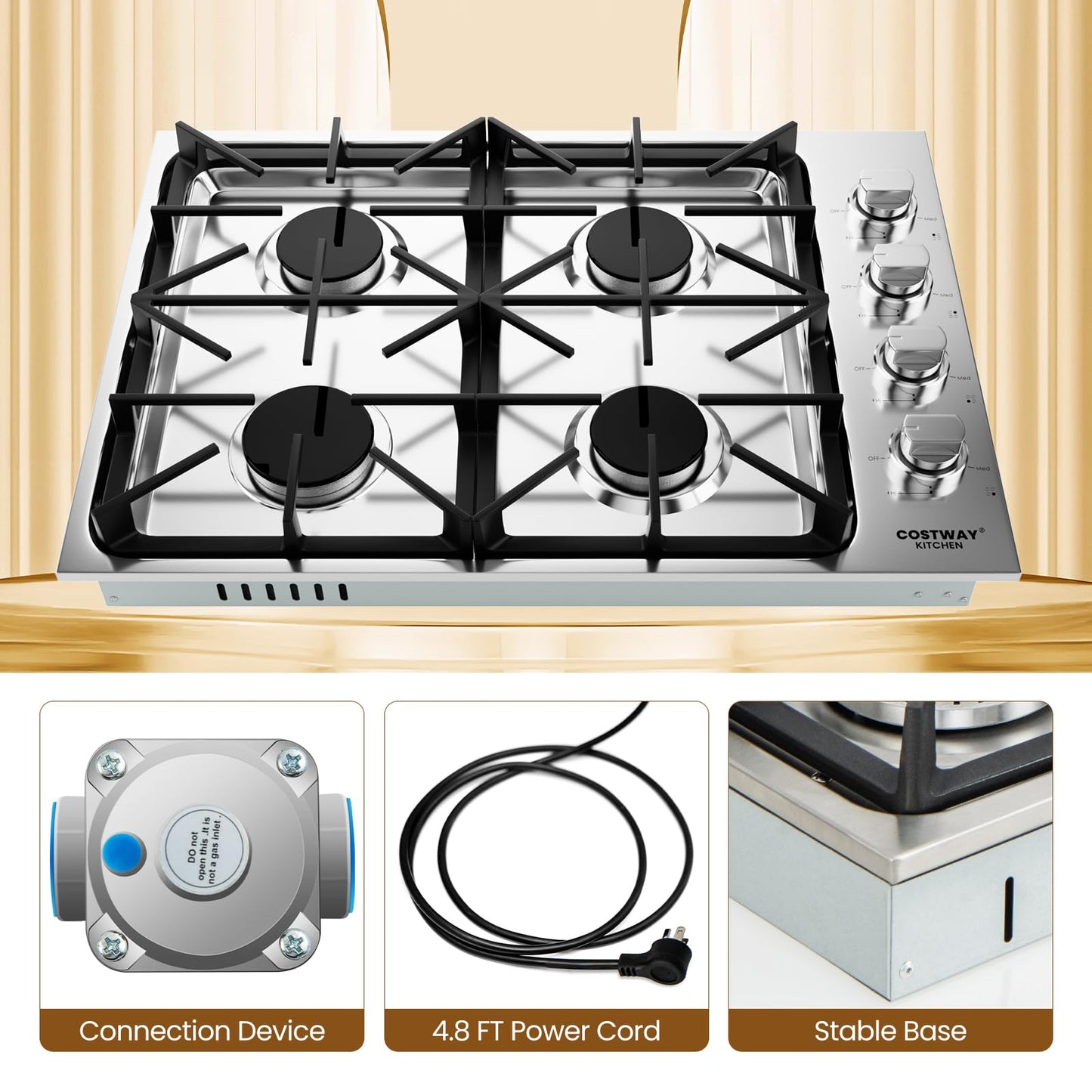 COSTWAY 30-inch Gas Cooktop, Stainless Steel Stove Top with 4 Burners, ABS Knobs and Cast Iron Grates, NG/LP G Convertible Gas Range Top with Sealed Burners for Kitchen, Easy to Clean, Silver