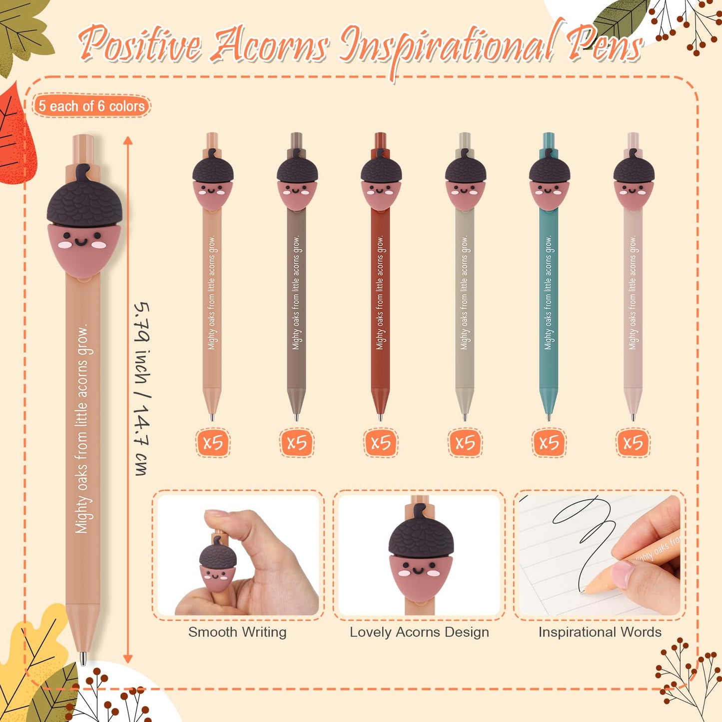 Saypacck 30 Set Thanksgiving Gift Bulk for Coworkers Positive Acorns Ballpoint Pens with Inspirational Positive Cards Emotional Appreciation Fall Gifts for Staff Friend Office Supplies Party Decor