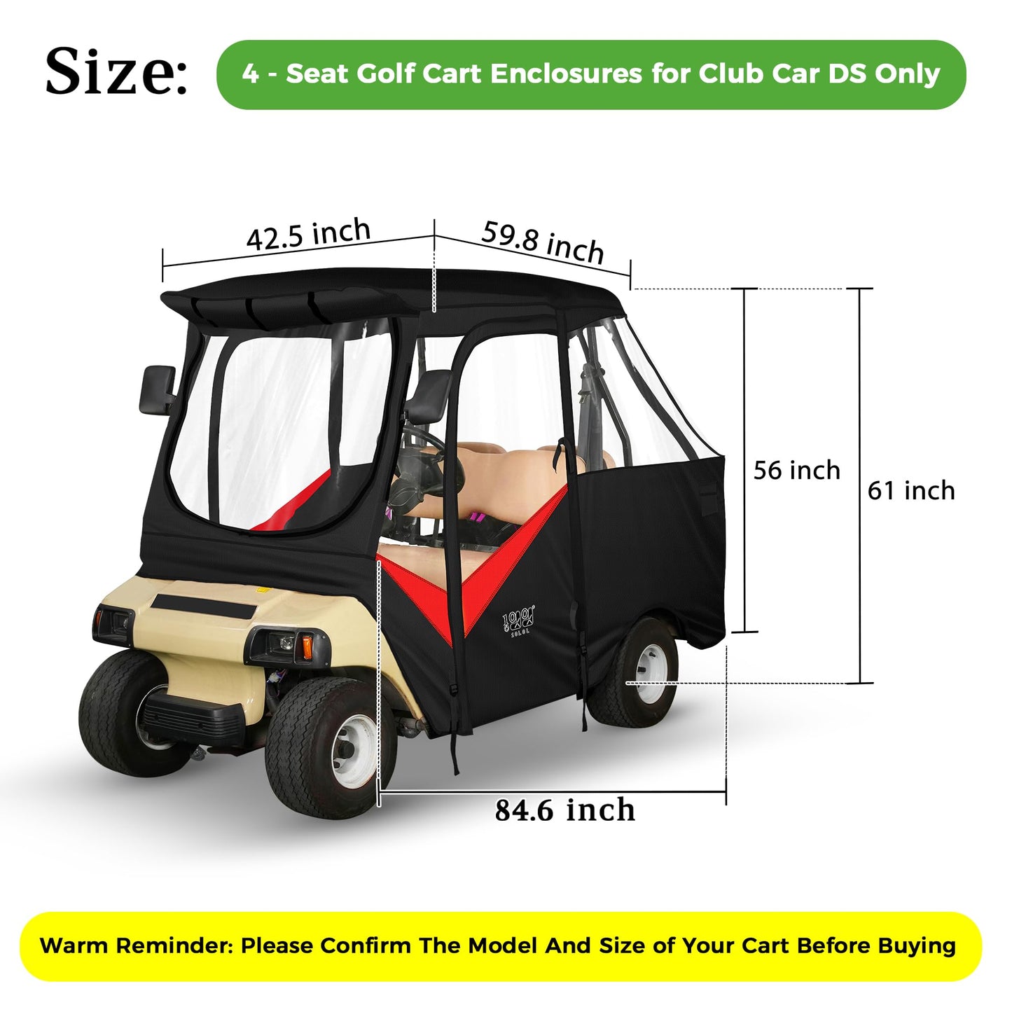 10L0L 4 Passenger Golf Cart Enclosure for Club Car DS (Short Roof 56"), Windproof Waterproof Portable Storage Cover 4-Sided Clear Window & Roll-up Zipper Door - Black Red