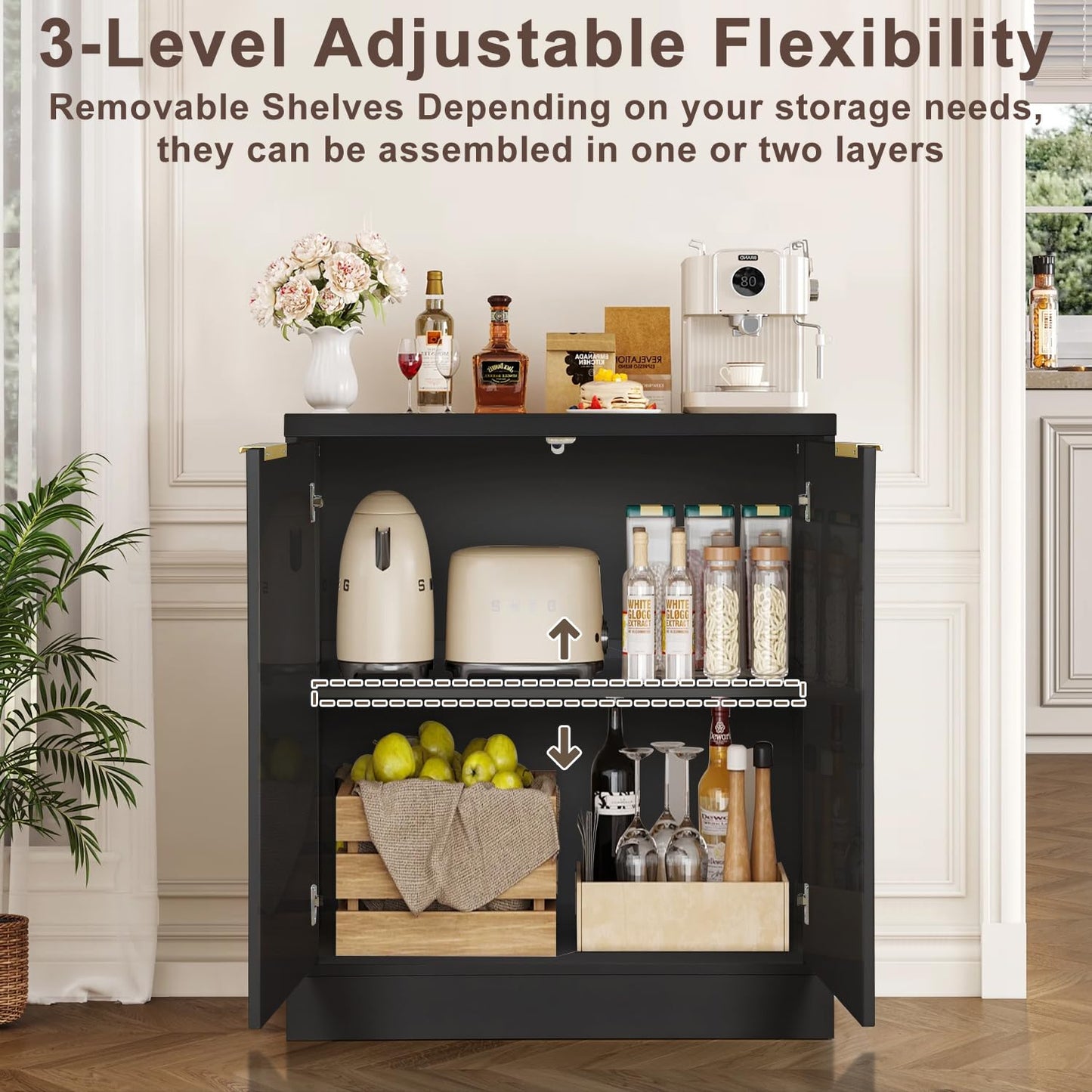 GORZING Fluted Buffet Sideboard Cabinet with Storage - Modern Accent Credenza Console Table with Adjustable Shelves for Kitchen, Dining Room, Living Room, Entryway (Black, Fluted 2 Door)