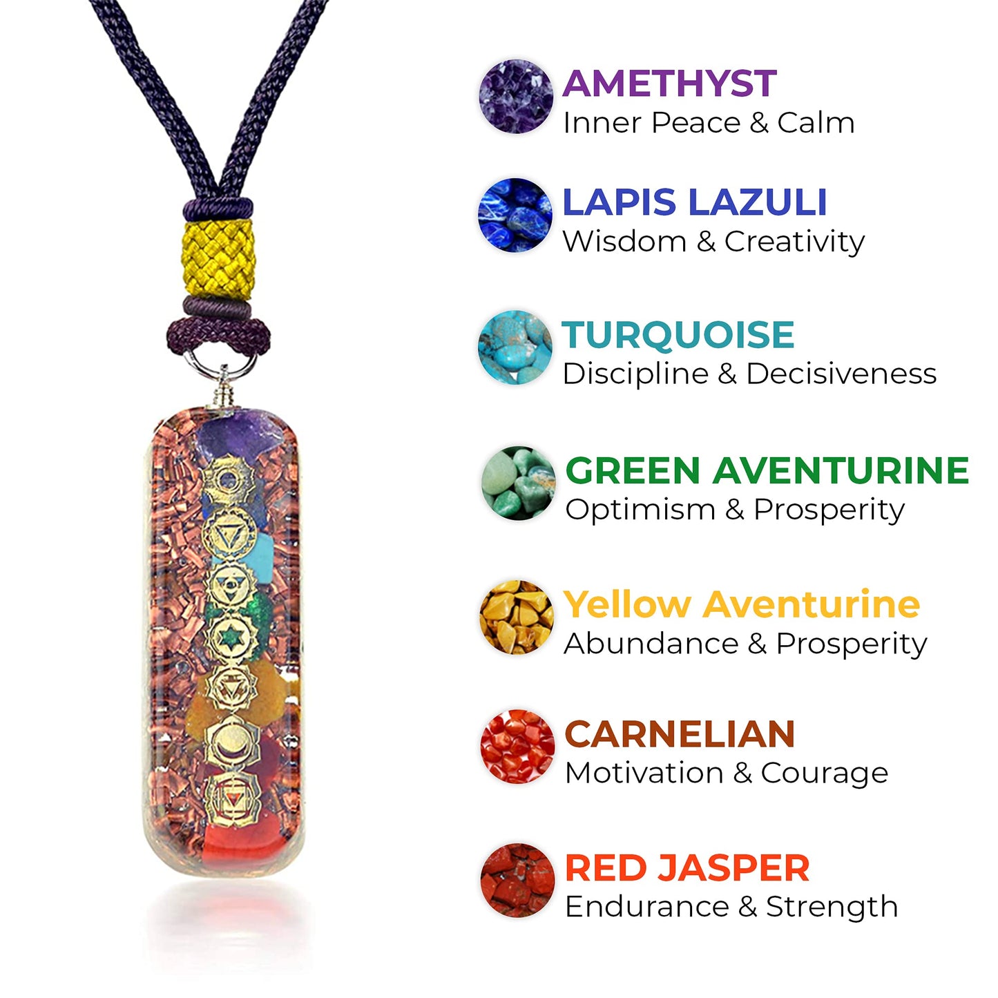 Orgonite Crystal Seven Chakra Pipe Pendant - Handmade Orgone Chakra Symbol Gemstone Necklace for Spiritual Healing, Meditation, Reiki, Gift for Men and Women