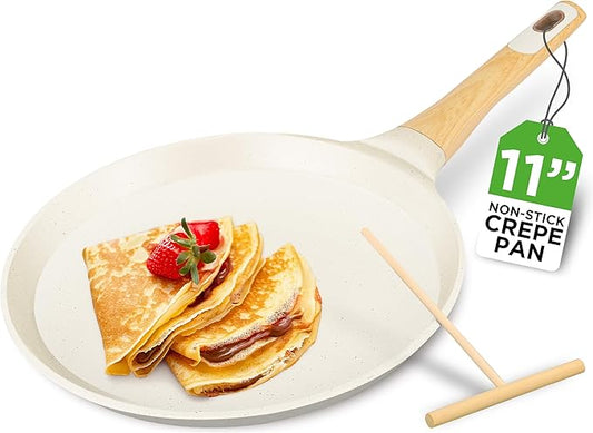 NutriChef 11” Non-Stick Crepe Pan with Wooden Spreader, Durable Marble Coated Tawa Pan for Roti Indian, Comal para Tortillas and Tacos With Induction Bottom, Round Griddle (White Cream Marble)