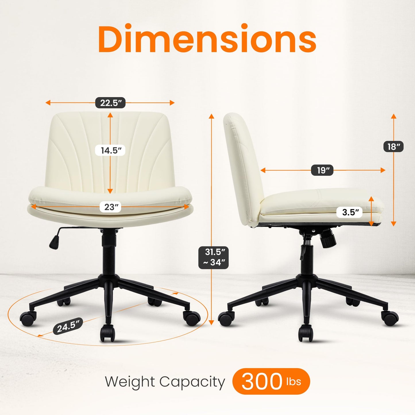 NEO CHAIR Criss Cross Chair with Wheels Armless Cross Legged Office Desk Wide Comfy Vanity Makeup Chair Adjustable Swivel Rolling Computer for Home Office PU Leather (Beige)