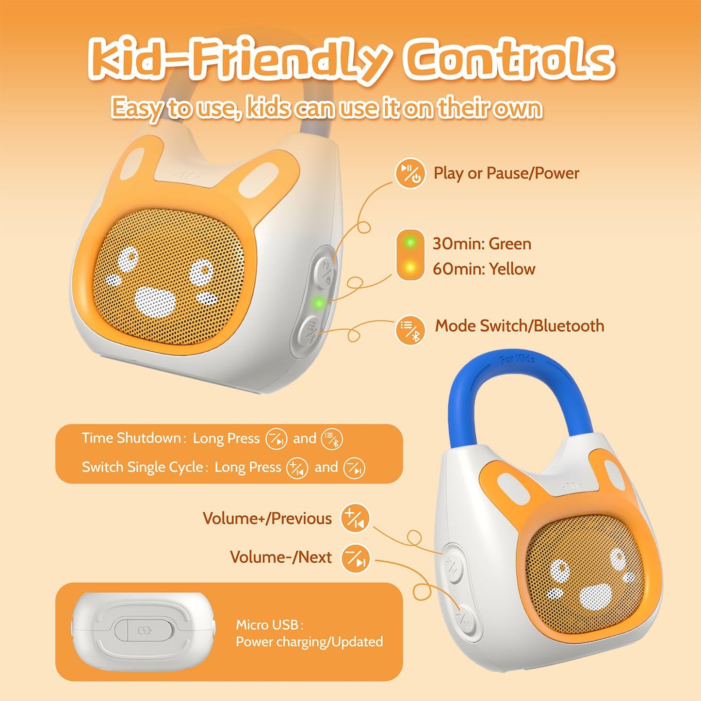 alilo Pocket Bunny Portable Kids Music Player, Musical Toys for Toddlers 1-3-5, Preloaded 120+ Stories/Music/Lullabies/White Noise,High Fidelity Sound Travel Bluetooth Speaker (with Strap and Ring)