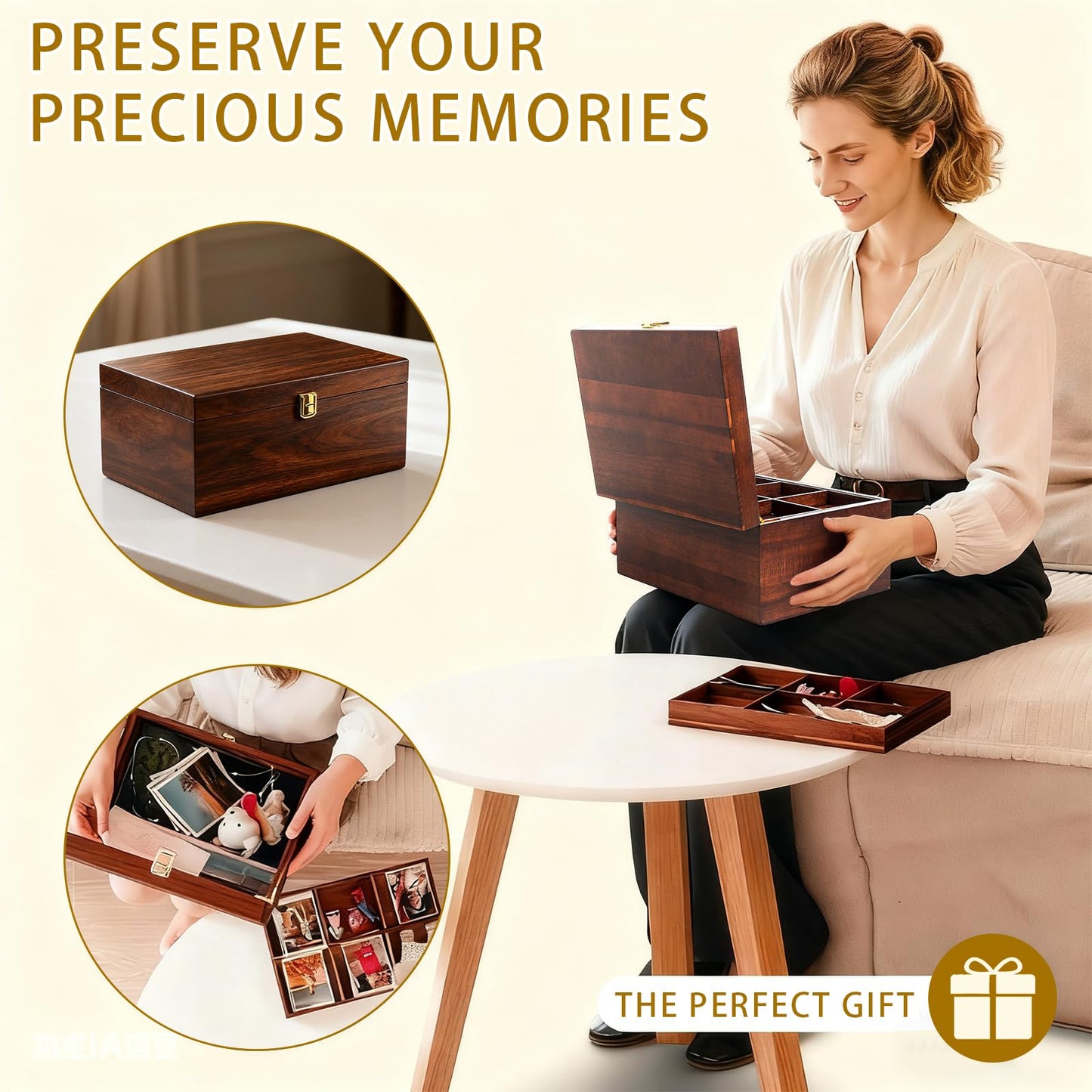 NLGQ Large Wooden Storage Box with Adjustable Tray, 12.5 IN Acacia Wood Keepsake Box with Lid for Storage Trinkets, Jewelry, Card, Photo, Wooden Decortive Case for Home 12.5x9.4x6.1 IN -WB006-X Large