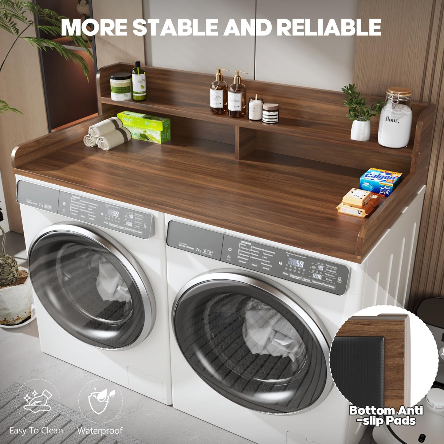 BigPonPon 2-Tier Washer and Dryer Countertop,2.75" H Guard,58" W x 28" D Laundry Countertop Cover with Non-Slip Pad,Large Space Laundry Topper for Folding Clothes Over Washer and Dryer-Dark Walnut