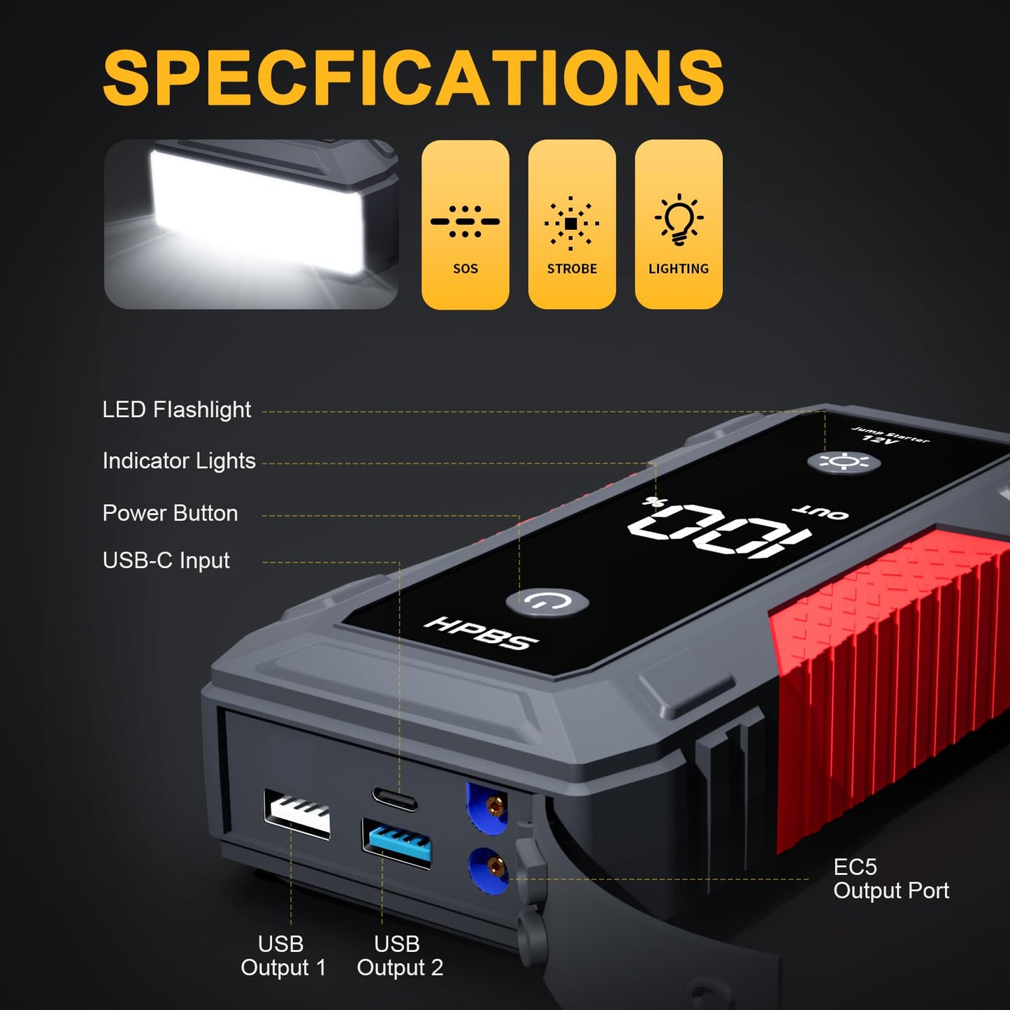 HPBS H50 Jump Starter - 5000A Jump Starter Battery Pack for Up to 10.0L Gas and 8.0L Diesel Engines, 12V Car Battery Jumper Starter Portable with 3.0" LCD Display, Jump Box