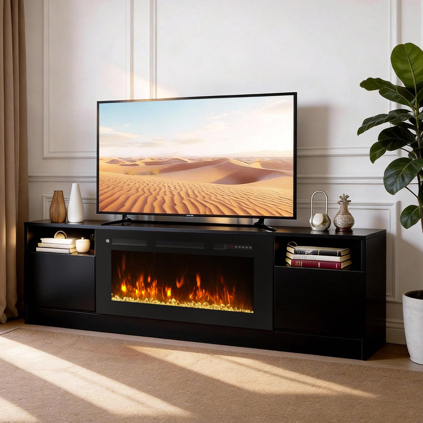 OneBlis 70" Fireplace TV Stand for TVs Up to 80",Entertainment Center with 36” Electric Fireplace and 12 Colors LED Lights,Large TV Console with Storage Cabinet for Living Room,All Black