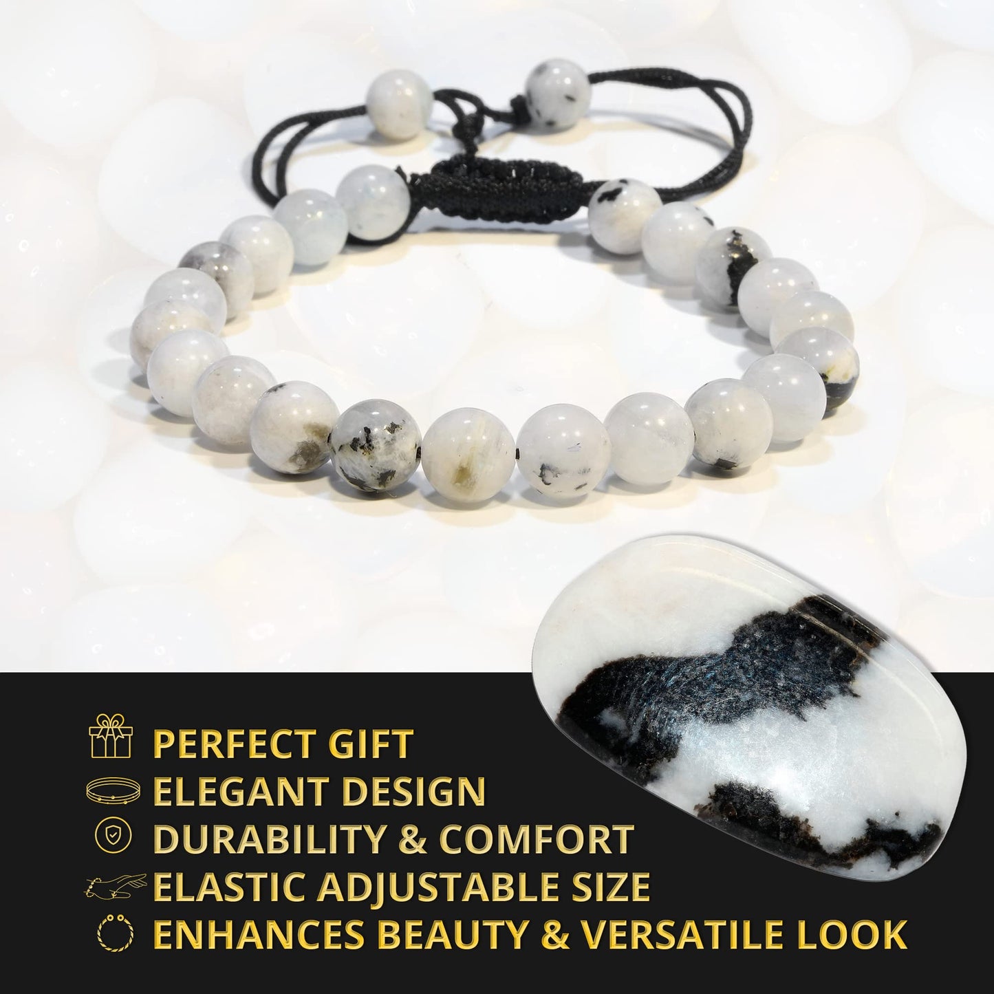ANAYA AGATE Healing Crystal Bracelet – Chic Gemstone Bracelet for Men and Women – 8mm Round Bead Bracelets for Spiritual Healing, Protection, Positive Energy - Rainbow Moonstone