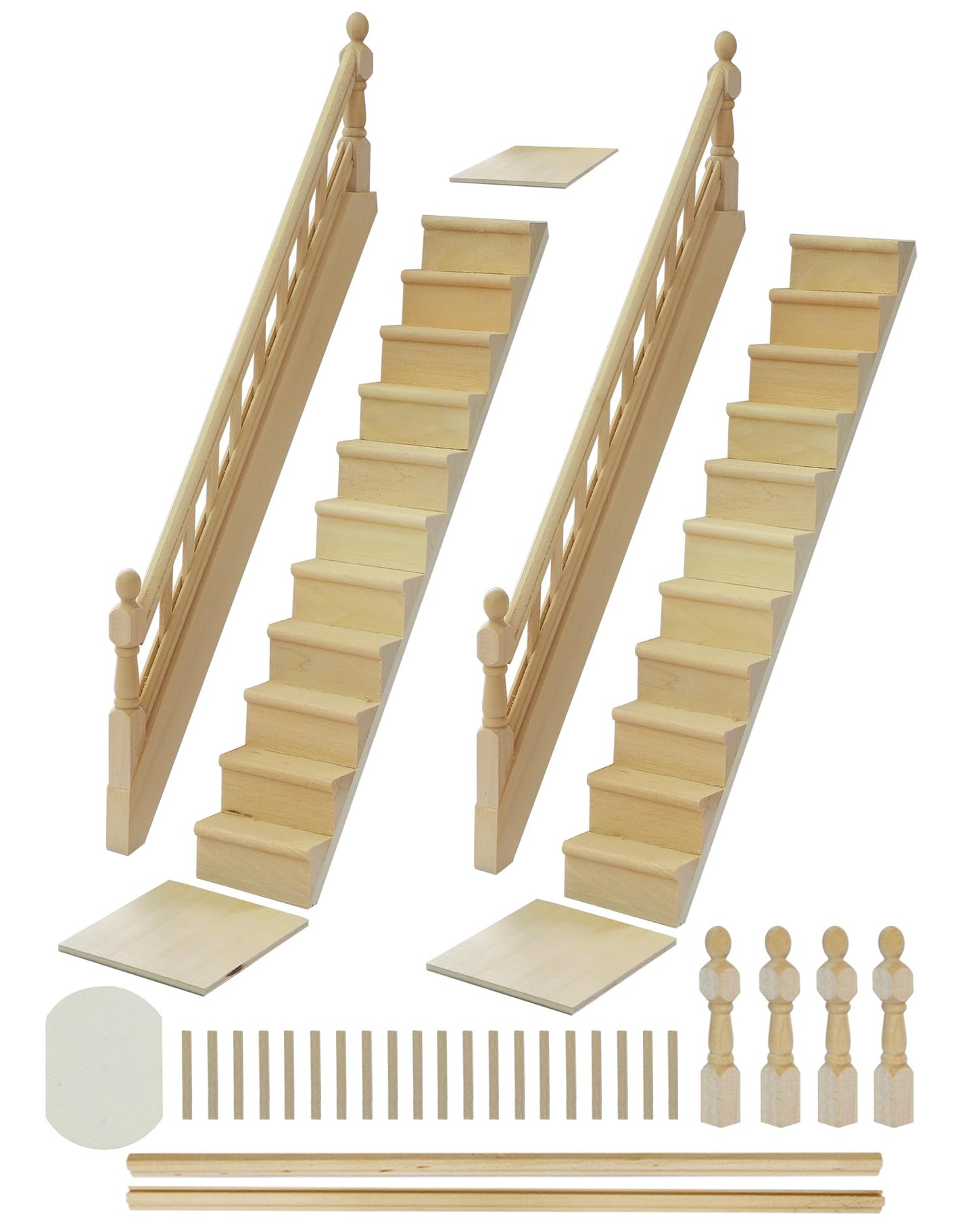 iLAND 1/12 Scale Accessories of Miniature Wooden Dollhouse Staircase with Adjustable Handrails and DIY Railing Complete 2 Stairs Sets for Modern or Victorian Dollhouse Building