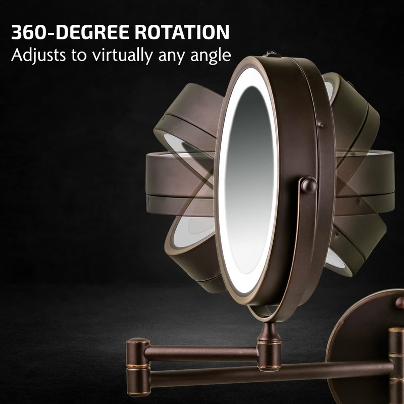 OVENTE Wall Mounted Lighted Makeup Mirror, 7" Double Sided 1X/7X Magnifying Vanity Mirror for Bathroom with LED Lights, Cordless, 360° Rotation and 13" Extendable Arm, Antique Bronze MFW70ABZ1X7X