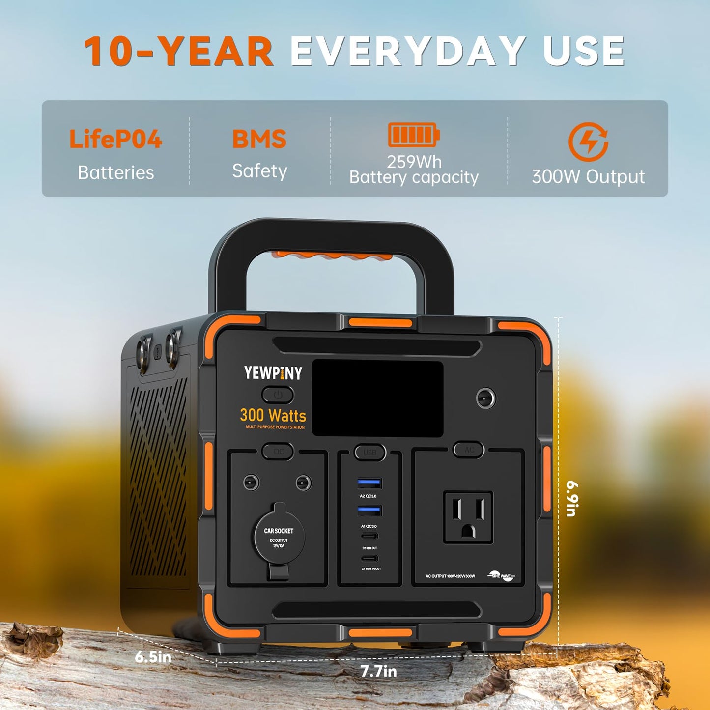 300W Portable Power Station, Solar Generator 259Wh, 70,000mAh LiFePO4 Battery with 65W USB-C PD&Pure Sine Wave AC, Solar Charging for Camping,Home Backup,Emergency Power(SOS Light & LCD Display)