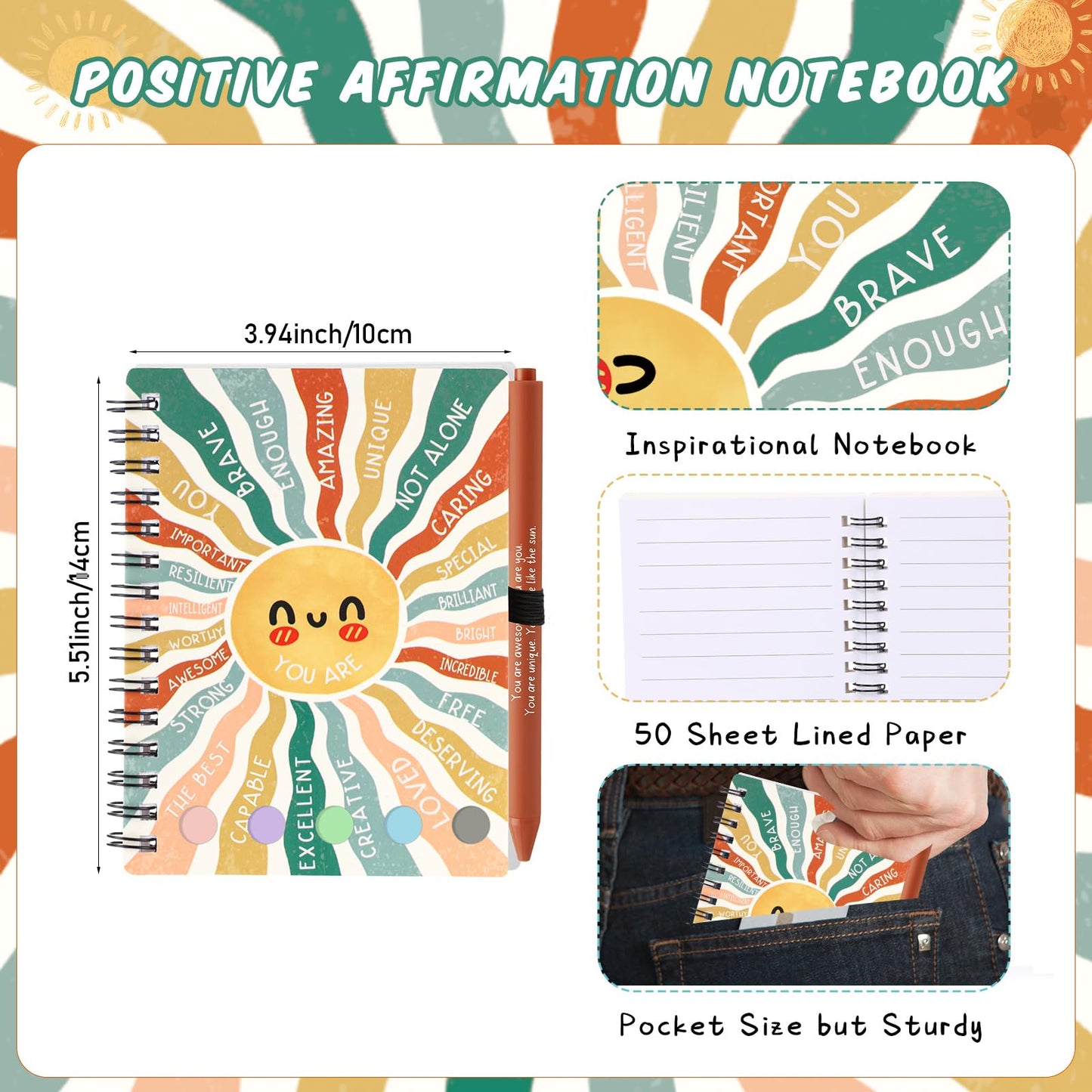 Janlaugh 20 Pcs Mental Health Gifts for Women Men Self Care Items Bulk Include 10 Mental Health Notebook with Sticky Note 10 Positive Pens Affirmation Journals Wellness Gifts for Coworkers Teachers
